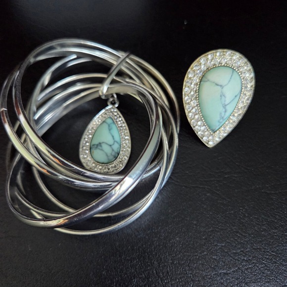 Samantha Wills Jewelry - Samantha Wills Bohemian Bardot Turquoise Teardrop Ring Bangle Set Silver Pave‎